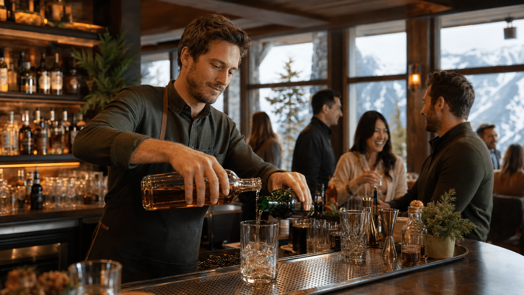 bartender crafting cocktail in mountain bar (c) House Of Applejay, Inc bartender crafting cocktail in mountain bar (c) House Of Applejay, Inc